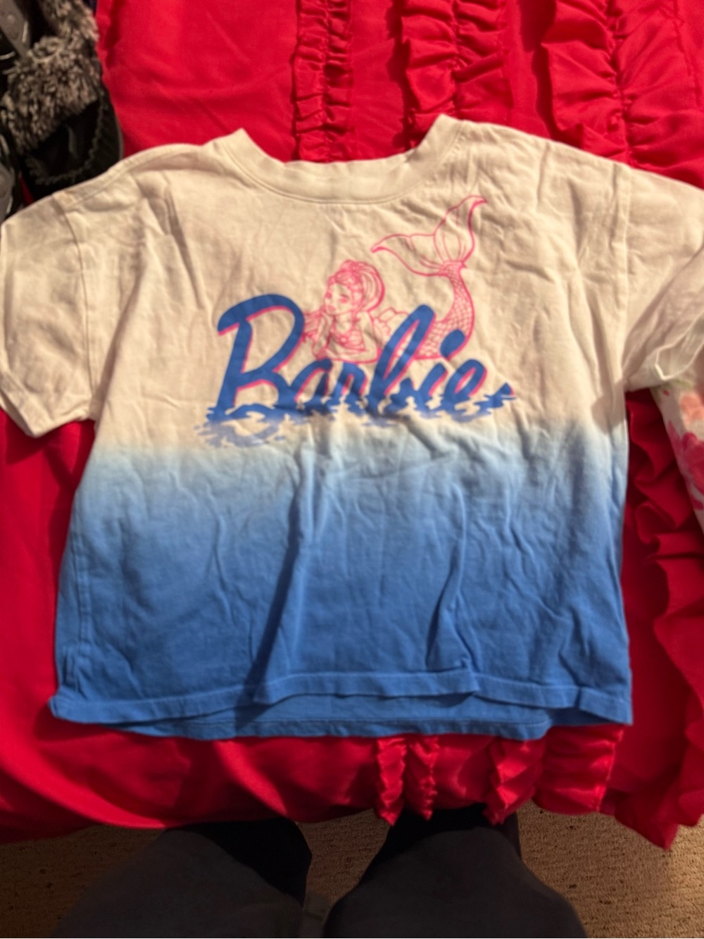 GAP White-to-Blue Ombre Tee with Pink Barbie Mermaid Graphic